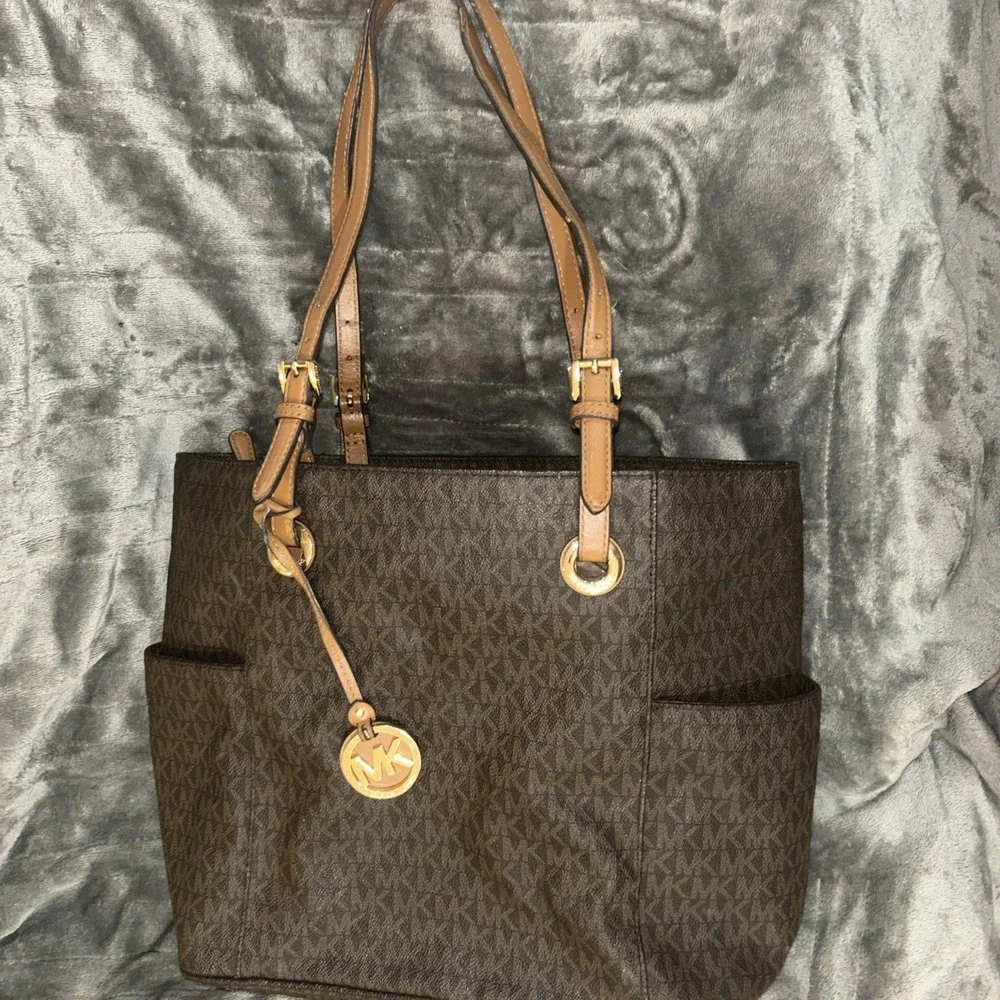 Michael Kors Jet Set Travel Large Mk Signature Logo Tote Handbag Brown 30S11T4B